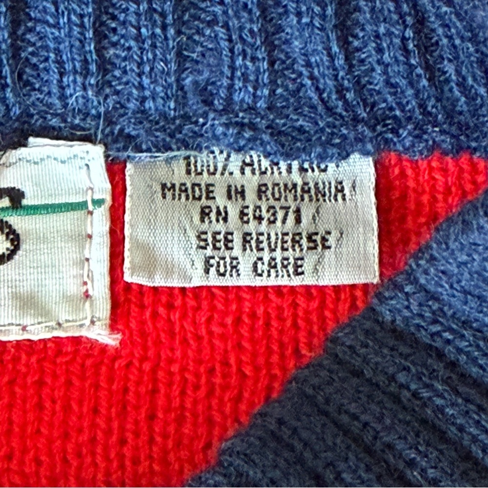 Vintage Mergers Sweater Men M Red Blue Acrylic Pullover Tight Knit 90s Crew Neck - Picture 6 of 7